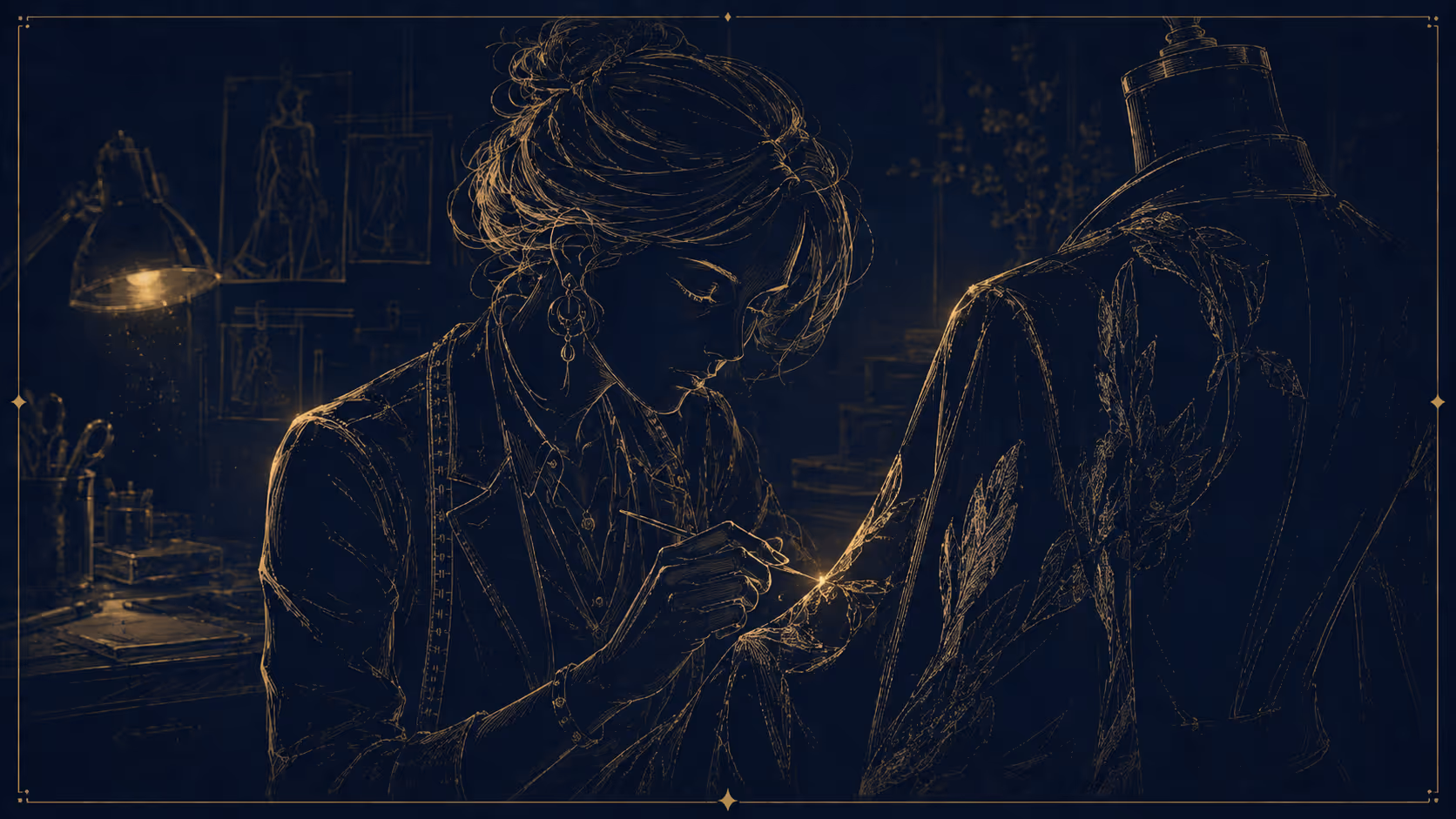 The embroidery — Leaves worked in gold, one thread at a time.