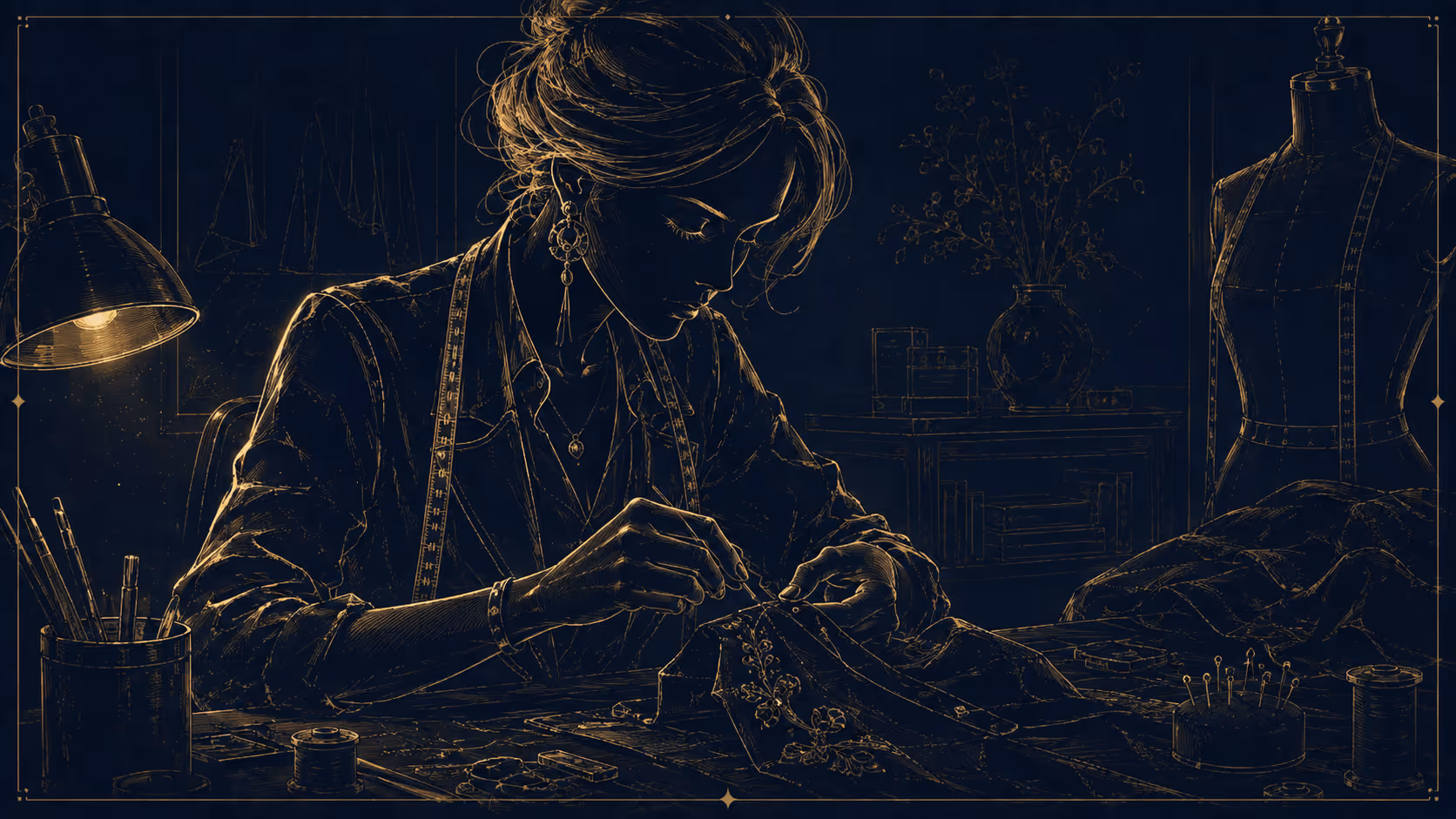 The stitch — Seated, needle in hand, at the end of the lamp.